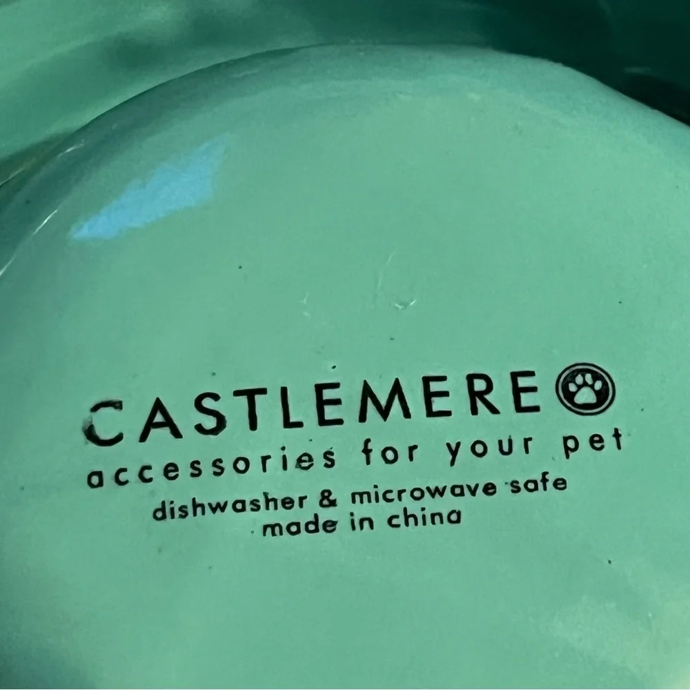 Pottery cat bowl robin egg blue fish paw prints scallop bottom unique whimsical